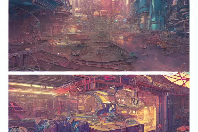 Image similar to a colorful marketplace, Industrial Scifi, detailed illustration, character design, intricate, by Martin Grip and Moebius
