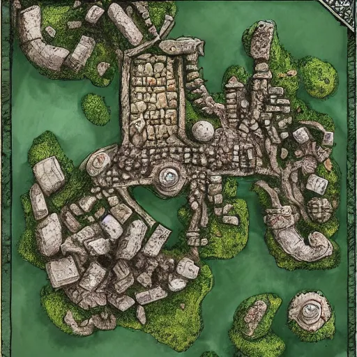 Image similar to overhead RPG battlemap of a stone fort sitting above a swamp, detailed, hand-painted, drivethruRPG top seller popular