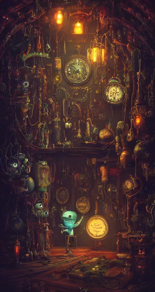 Image similar to tapestries of dreams, ultra detailed, dark, steampunk, moody, candles, neon signs, neon highlights, characters from machinarium, by don bluth, trending on artstation, octane render