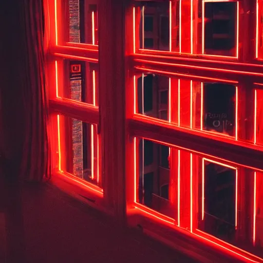 Prompt: view from window of nighttime city neon lights red neon
