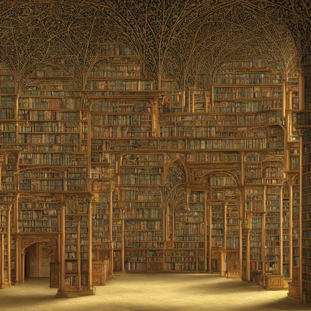 Prompt: grand library, library shelves with overgrown ivy plants, ivy vines, piles of books, discarded scrolls, ancient, ultradetailed photorealistic, alhambra inspired architecture