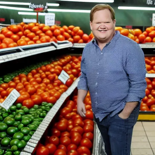 Prompt: Andy Richter placing squeezing tomatoes in the produce section of a supermarket