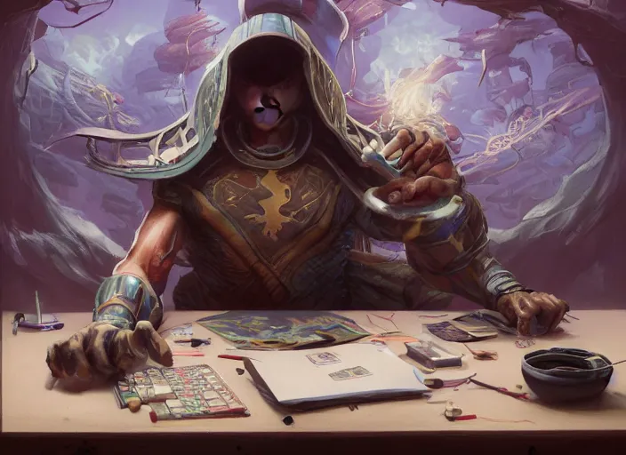 Image similar to an insanely detailed painting of an asian man wearing a homemade superhero costume, sitting at a desk, staring seriously at the computer and typing, in the style of peter mohrbacher, james jean, artgerm, dramatic lighting and composition, surreal background, octane render, pixar, trending on artstation, concept art, comic book, view from behind, 8 k