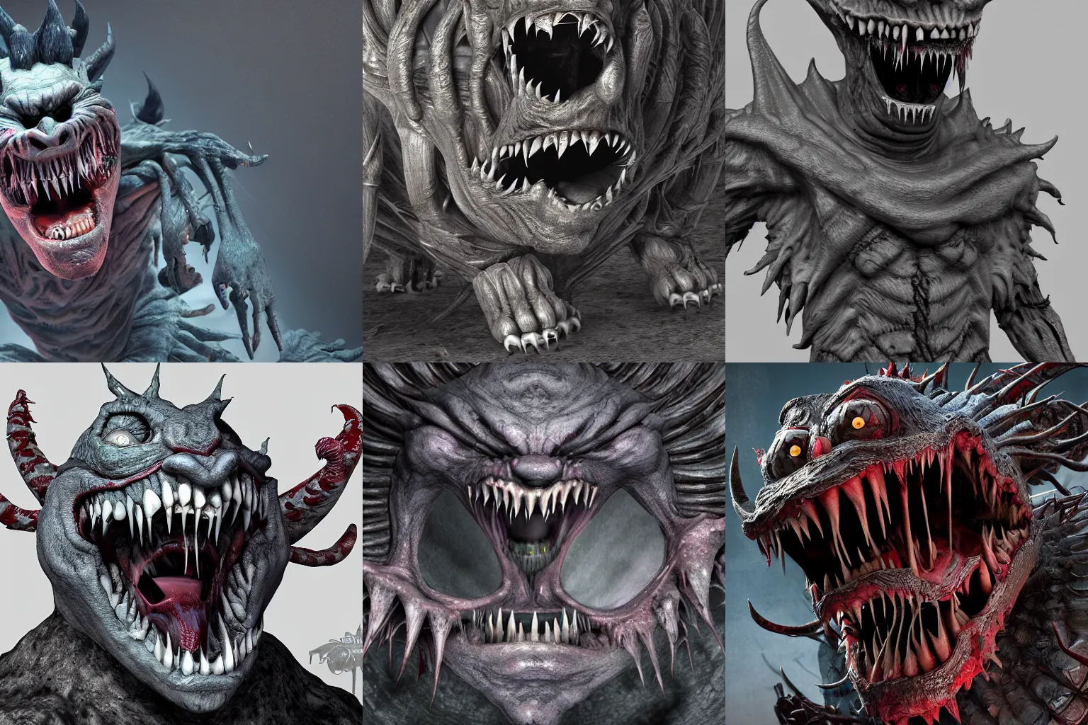 Prompt: detailed physically based render of the grinning evil monster 👹 with huge sharp fangs, under your bed 🛌 , style of Todd McFarlane, Tim burton, John carmack, cinematic, epic composition, subsurface scatter