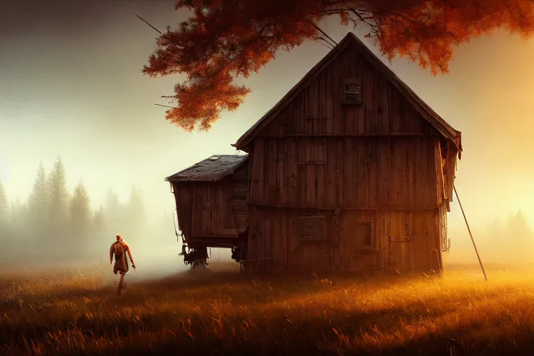 Image similar to a wood house walking with two mechanical legs, rust, hyperrealistic, highly detailed, cinematic, single ray of sun, fog, beautiful, cgssociety, artstation, 8 k, oil painting