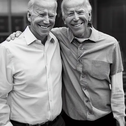 Image similar to A portrait photo of joe biden teams up with a teenage joe biden, perfect faces, 50 mm, award winning photography