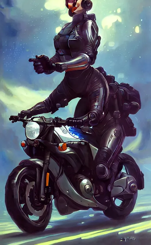 Image similar to Police female riding yamaha motorcycle, sci-fi, highly detailed, digital painting, artstation, concept art, smooth, sharp focus, illustration, art by artgerm and greg rutkowski and alphonse mucha