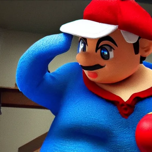 Prompt: italian plumber wearing a red hat and shirt, blue jumpsuit fighting a dinosaur, real life, realistic