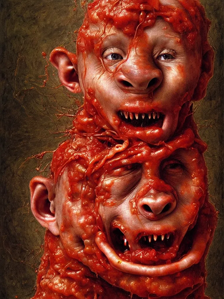 Image similar to half boy half rhino made of spaghetti and tomato sauce, looking straight into camera, screaming in pain, by giuseppe arcimboldo and ambrosius benson, renaissance, fruit, intricate and intense oil paint, a touch of beksinski and hr giger and edward munch, realistic