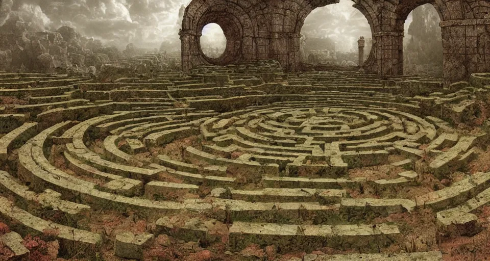 Image similar to ancient greek overgrown labyrinthwith with an gigantic ancient altar in the center, by beksinski, rutkovski, bosch, retro fantasy movie, highly detailed, photorealistic, illustration, matte painting, 8 k