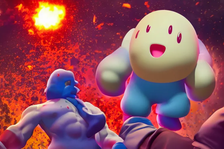 Image similar to a photo of an injured man fighting a giant kirby, photorealistic, bloody, 8 k