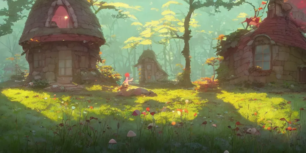 Image similar to fairy mushrooms house, moss, lianne, by cory loftis & akihiko yoshida & james gilleard & atey ghailan & makoto shinkai & goro fujita & studio ghibli, rim light, exquisite lighting, clear focus, magic atmosphere, very coherent, plain background, soft painting