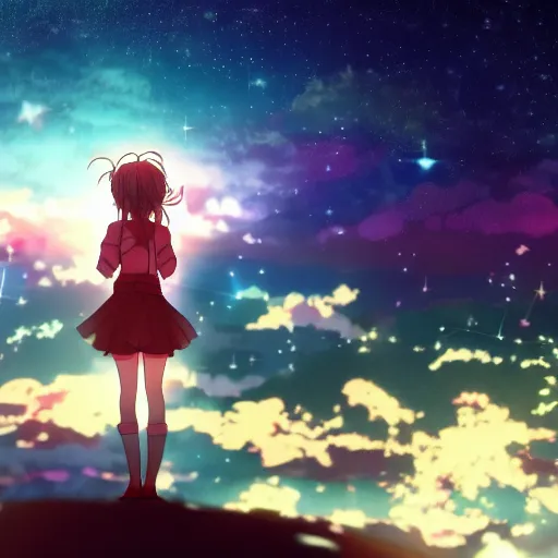 Image similar to key anime visual of a girl looking at a sky full of stars, detailed digital painting, sharp official media, extreme wide shot cold backlit beautiful lighting, stunning vfx