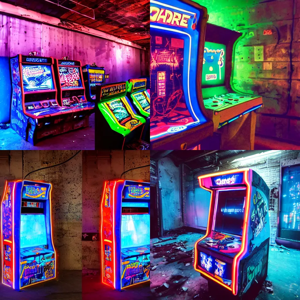 Image similar to an arcade cab from 1984 running a game in a dilapidated cyberpunk warehouse in a crumbling building dangling by the power cord on the edge of a cliff overlooking the ocean, Neon lighting, volumetric lighting, dimly lit, reflective surfaces