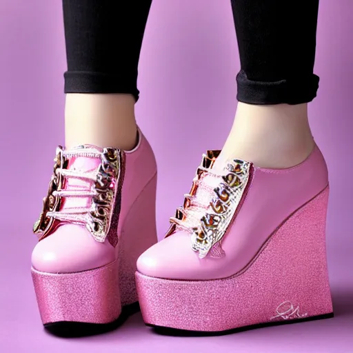 Image similar to high quality photo of Women`s platform shoes on a pink background. Punk, grunge, goth women shoes. 8k,