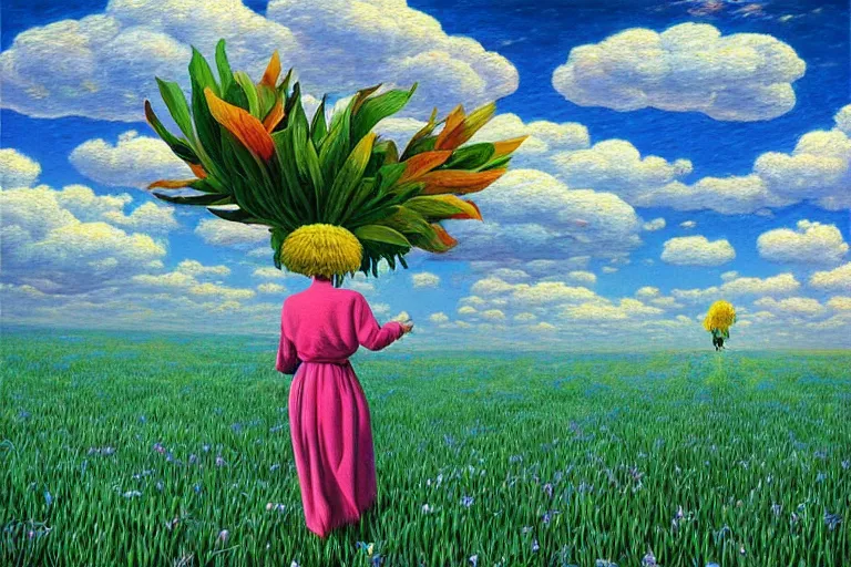 Prompt: enormous flower head, woman walking, surreal, clouds in sky, impressionist painting, digital painting, artstation, rob gonsalves