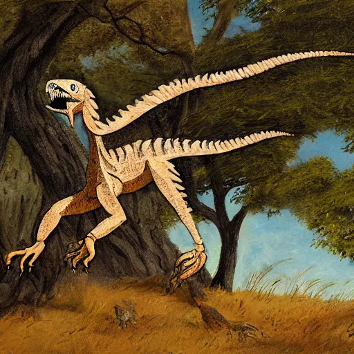 Image similar to An artwork of a velociraptor by a tree, paleo art