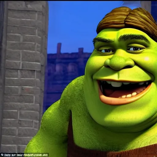 Image similar to shrek in a business suit informing you that you overdrafted your stinky bog mud account and until the debt is repaid in full you are in big trouble mister