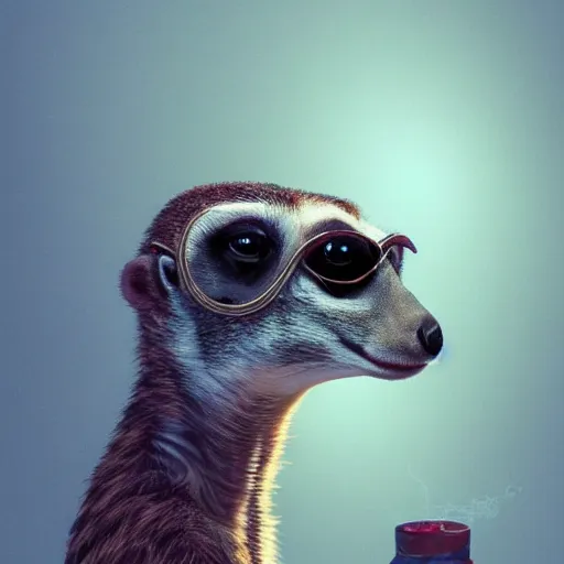 Prompt: Portrait of a meerkat in a red velvet suit with a tobacco pipe and monocle, elegant, fantasy, 8k, artstation, very high detail, photorealistic, sharp focus, illustration, concept art, volumetric lighting