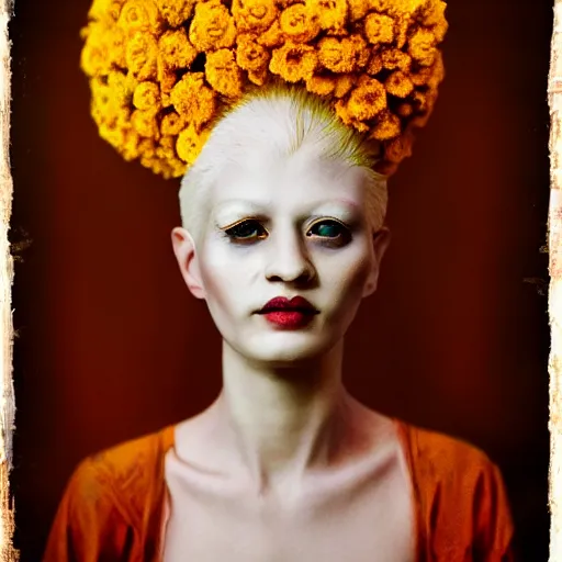 Prompt: realistic expired kodak film portrait of albino india woman tentacled creature mix, marigold celestial vibe, hyperrealism, hypermaxiymalism, photorealistic, detailed, atmospheric, 8 k, award winning photography, cinematic