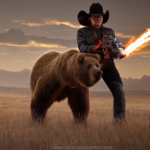 Image similar to a terminator android dressed as a cowboy while mounting a bear, 8 k, movie still, high detail, hyperrealistic