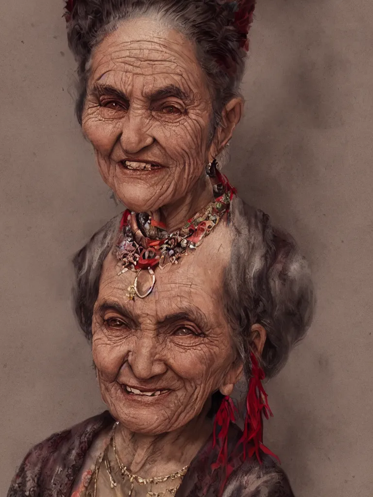 Image similar to picture of an old bulgarian woman, smiling, traditional clothes, cinematic, high quality, cgsociety, artgerm, 4K, UHD, trending on ArtStation