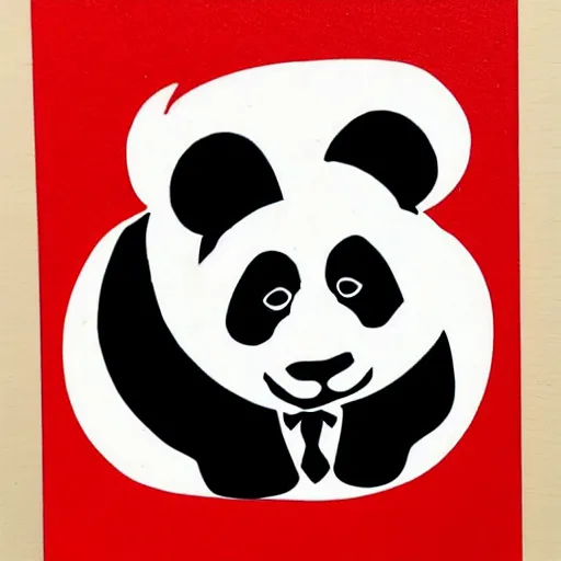 Image similar to panda in a suit, linocut