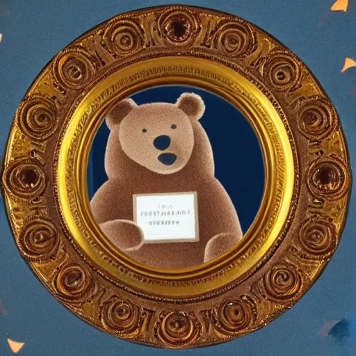 Image similar to a photo in a circular ornate golden frame, of a brown and red college mascot bear wearing blue jeans sitting on the bleachers inside the gym,