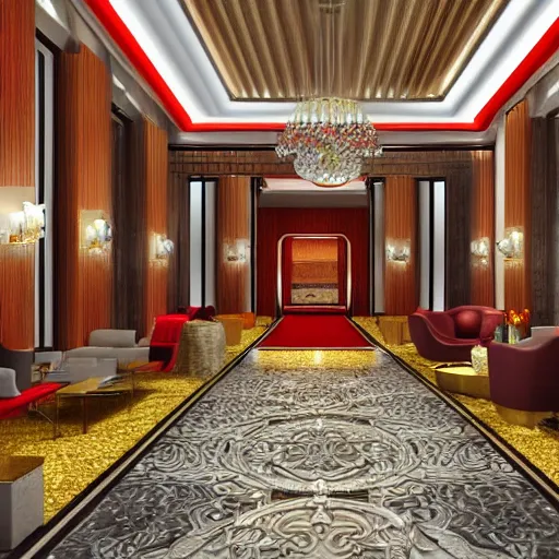 Prompt: isometric view of a lavish hotel lobby, full of cherrywood and red carpet and golden accents on the walls, high quality, digital art, room design