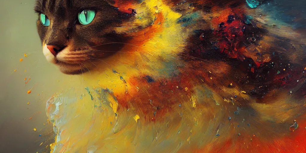 Image similar to wide shot portrait of beautiful cat by irakli nadar with intricate detailed color smashing fluid oil paint and acrylic, heterochromia, melting wax, mycelia, abstract impressionism, ruan jia, fantasy, hyper detailed, concept art, by gustav klimt,