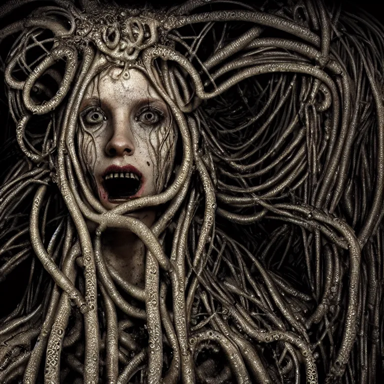 Image similar to ribbed abandoned closeup face portrait of angel, covered with tentacles, roots, wires, tubes, baroque painting, standing in a desolate empty wasteland, creepy, nightmare, dream-like heavy atmosphere, surreal abandoned buildings, beautiful detailed intricate insanely detailed octane render trending on Artstation, 8K artistic photography, photorealistic, chiaroscuro, Raphael, Caravaggio, Beksinski, Giger