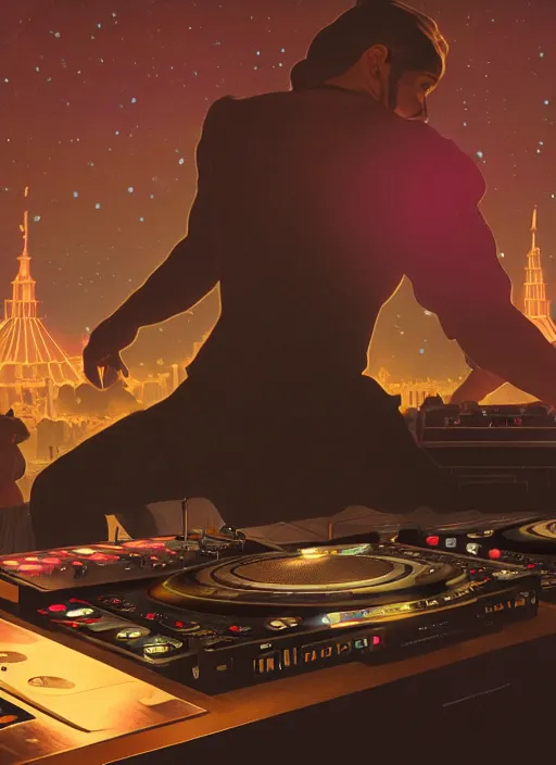 Prompt: A wide shot of a man djing at night under the stars, beautiful, digital art, artstation, hyperrealistic, 8k, unreal engine, octane render, trending on artstation, art by Artgerm and Greg Rutkowski and Alphonse Mucha