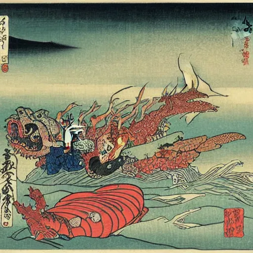 Image similar to A sea full of mythical monsters by Utagawa Kuniyoshi, ukiyo-e