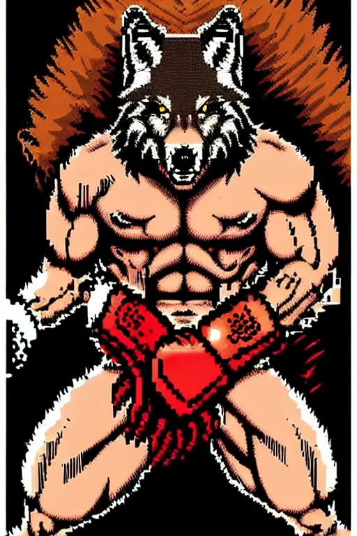 Image similar to extreme long shot. 8 bit nes graphics. antropomorphic muscular masculine wolf. kickboxer fighter, in shorts. wolf head. angry. fine details, very sharp, art from nes game cartridge, 8 0's, vhs artefacts, vaporwave style, marc simonetti and hermann nitsch and anish kapoor.