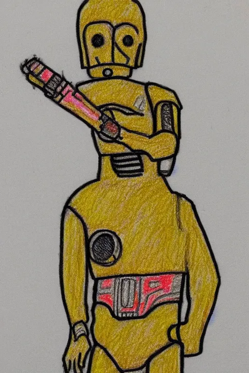 Prompt: very simple drawing of c 3 po as made by a child, crayon
