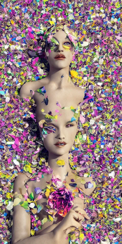 Image similar to an anthromorphic beautiful bee woman wearing striped couture made out of wax and paper and flower petals, running in a papercraft field of flowers, trending on Art Station, 3D, octane render,