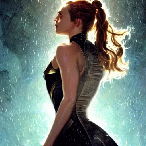 Image similar to a highly detailed matte portrait of emma watson cosplaying as seven of nine, running through a thunderstorm, scifi by star trek, unreal engine, volumetric lighting, exquisite detail, 8 k, art by greg rutkowski and alphonse mucha