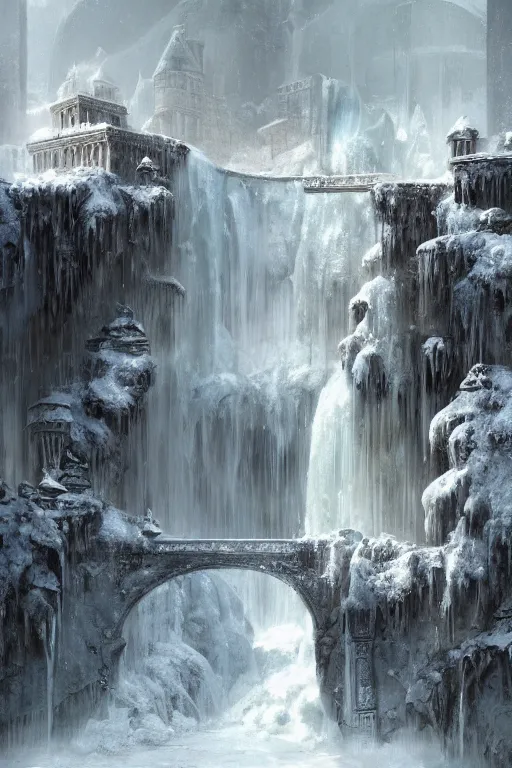 Prompt: a palace made of crystal stone with arches and bridge on top of a waterfall in the snow, blizzard, a small stream runs beneath the waterfall, landscape, raphael lacoste, eddie mendoza, alex ross, concept art, matte painting, highly detailed, rule of thirds, dynamic lighting, cinematic, detailed, denoised, centerd