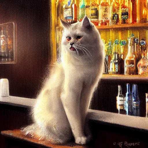 Image similar to of a british longhair cat sitting at the bar next to a beer, by greg rutkowski