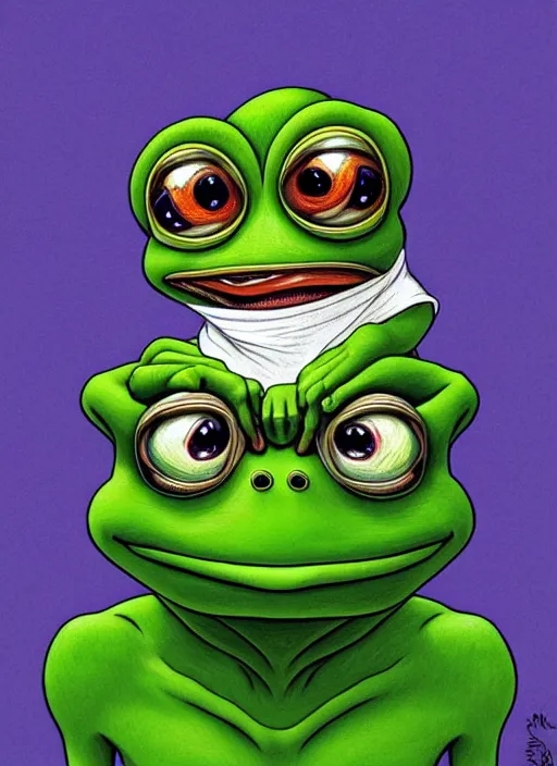 Image similar to pepe the frog character, by matt furie!!!, sad, depressed, portrait, intricat, highly detailed, digital painting, artstation, concept art, wallpaper, smooth, sharp focus, illustration, art by artgerm and greg rutkowski!! and alphonse mucha