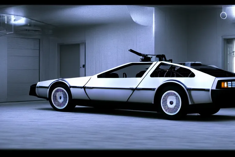 Prompt: photograph of the delorean from back to the future in half life 2, dark room, cinematic, volumetric lighting, hyperdetailed photograph