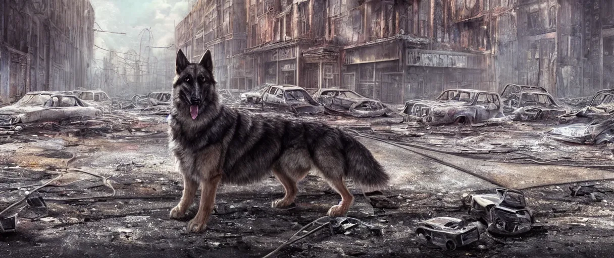 Image similar to A beautiful hyper realistic ultra detailed of a close-up front view shot of scruffy german shepherd standing in the middle of a city street at night in an abandoned post-apocalyptic city with abandoned cars on fire and crumbling buildings, unreal engine, deviant art, flickr, artstation, octane render, textured, colorful, extreme realistic detail, physically based rendering, pbr render, very detailed, volumetric lighting, octane render, 4k, cinematic, 8k resolution,