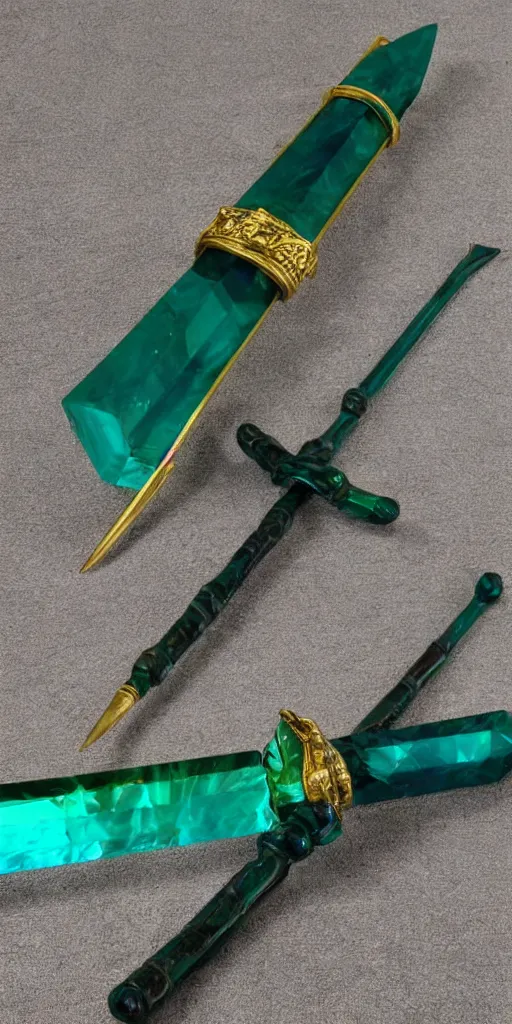 Image similar to photograph of a wide green and teal crystal sword with a big gold sword hilt