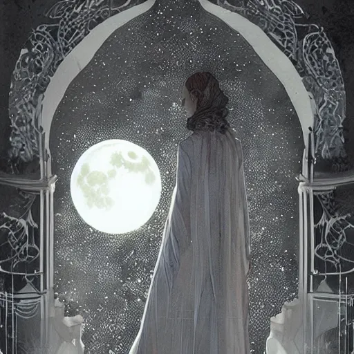 Prompt: figurines looking at the full moon, transparent soul leaving the body, dramatic cinematic lighting, filigree, lace, art by loish, dave mckean