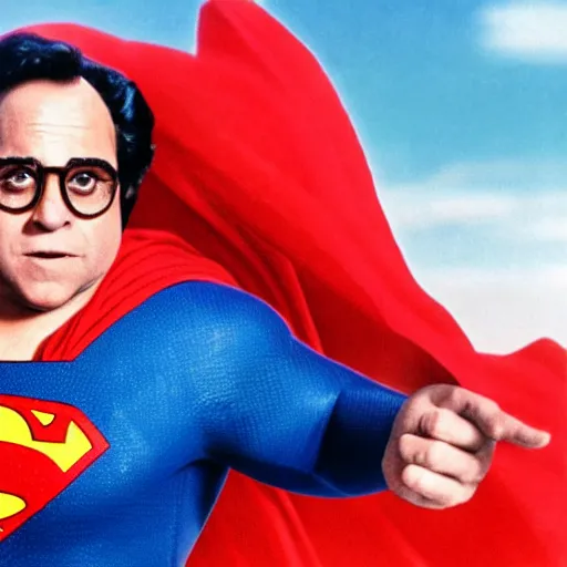 Image similar to Danny Devito as superman, 4K, movie still, photograph, high quality