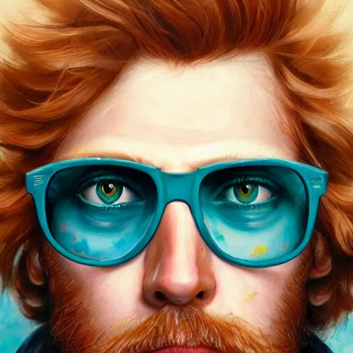 Prompt: 2 4 - year - old man, thin face, strawberry blond hair, turquoise eyes, round glasses, hyper realistic face, beautiful eyes, highly detailed, digital painting, smooth, sharp, beautiful face, expressive eyes, long fluffy curly blond hair, art by greg rutkowski and alex gray