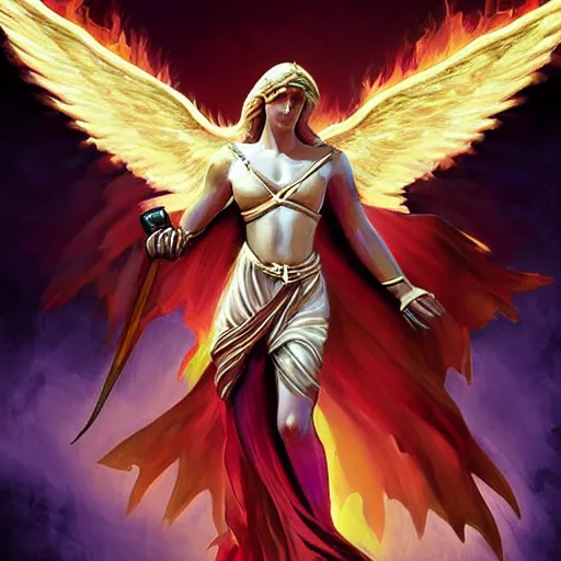 Image similar to biblically accurate angel, epic propaganda poster, holding a flaming sword, strength, health, confidence, epic digital art in the style of magic the gathering cart art