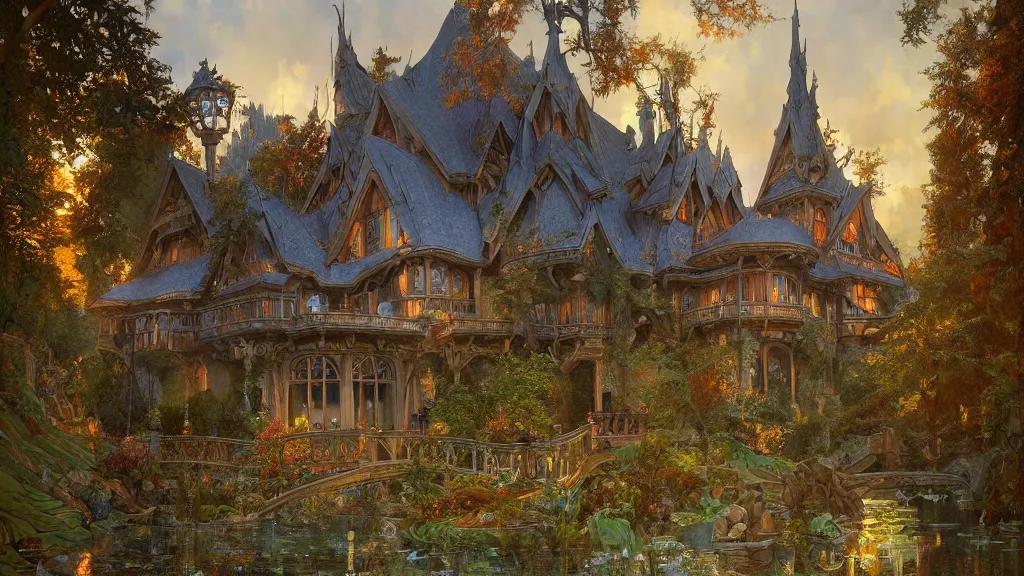 Image similar to a beautiful painting of art nouveau swiss chalet elven rivendell at sunrise, intricate, elegant, highly detailed, digital painting, artstation, concept art, by krenz cushart and artem demura and alphonse mucha