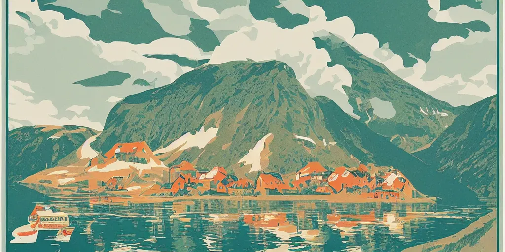 Prompt: beautiful idyllic poster illustration for a norwegian fjord valley national park by ludwig hohlwein, ludwig hohlwein, graphic, clean bold design no text