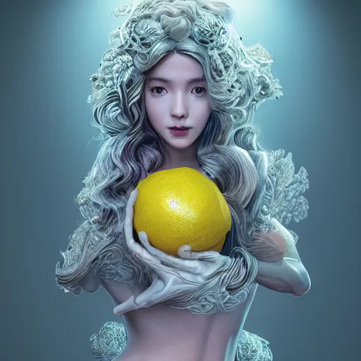 Image similar to the portrait of a sensual lemon that resembles absurdly beautiful, graceful, elegant, sophisticated, young gravure idol made up of lemons, an ultrafine hyperdetailed illustration by kim jung gi, irakli nadar, intricate linework, bright colors, octopath traveler, final fantasy, unreal engine 5 highly rendered, global illumination, radiant light, detailed and intricate environment